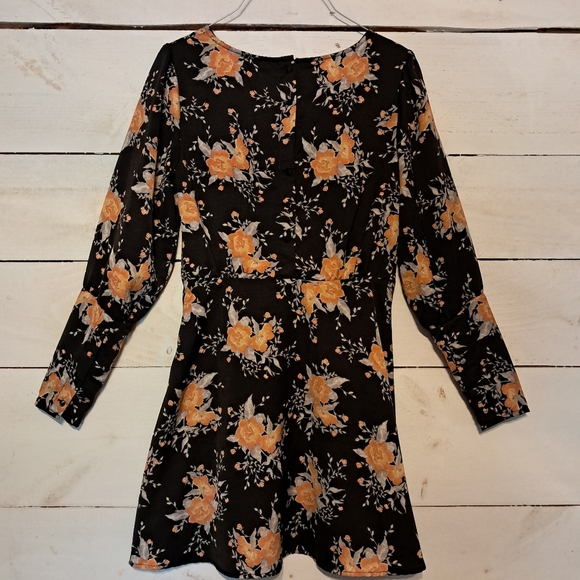 Free People Women's Long Sleeve Dress Size 4 Black Orange Floral Mini - Picture 3 of 12